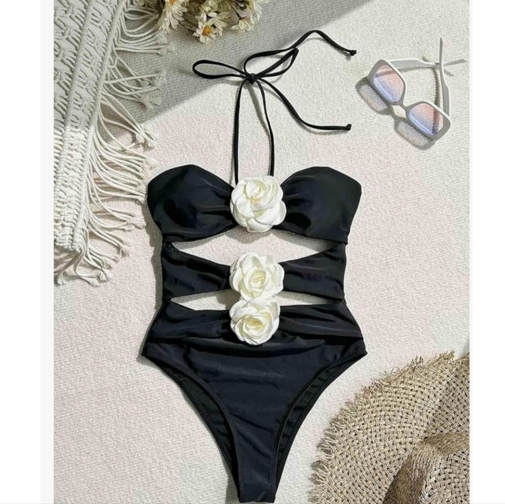 BYINDED - Xl Black Halter One-Piece Swimsuit with Floral Accents